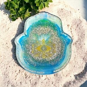 One Of A Kind Blue Green White And Gold Resin Hamsa Hand Trinket Tray